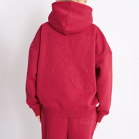 Sweat à capuche oversize rouge pour femme avec logo personnalisé, broderie et motif en relief au dos, épaules tombantes, poche kangourou, automne/hiver
