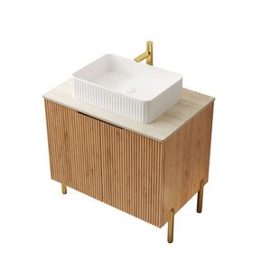 Mobile bagno Turio 30'' freestanding con piano in pietra sinterizzata effetto travertino Roma e mobiletto in compensato con venature naturali del legno - Product Image 6