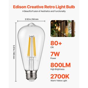 Confezione da 6 Lampadine LED Edison a Filamento Dimmerabili 7W, 800 Lumen, 2700K Bianco Caldo, Stile Vintage ST19, Attacco E26 - Product Image 2