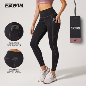 กางเกงโยคะเอวสูง F2WIN สีพื้นทั้งตัว มีกระเป๋า ตะเข็บตัดกัน ไร้รอยต่อ ยืดได้สี่ทิศทาง ขายส่ง - Product Image 5
