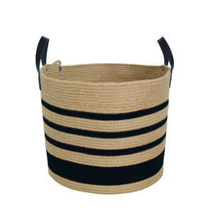 Custom Woven Jute Cotton Rope Eco-Friendly <b>Foldable</b> Fabric Storage <b>Baskets</b> With Leather Handle Customized Color Logo - Product Image 2