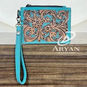 Nouveau Portefeuille-bracelet en cuir véritable luxueux à faible MOQ, avec gravure florale, style western, fermeture éclair, porte-monnaie et porte-cartes pour femme - Product Image 1