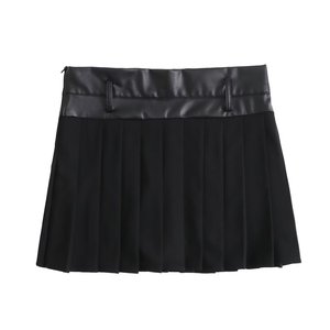 Women's Black Pleated Mini <b>Skirt</b> Faux Leather Waistband Regular Fit All Seasons Solid Design - Product Image 1