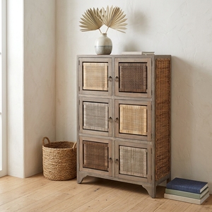 New Modern Minimalist Kendari Wooden Storage Cabinet Natural <b>Rattan</b> Webbing 6 Doors Multi Color Chest Side Unit Nightstand - Product Image 2