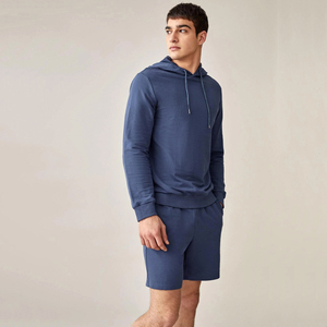 Men's Solid Color Hoodie and Shorts <b>Set</b> Casual <b>Knitted</b> 100% Cotton Summer Wear Blue - Product Image 1