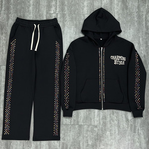 Custom Oversized Acid Wash Two-Piece Streetwear Tracksuit Colorful Rhinestones Zip up Hoodie and <b>Sweatpants</b> <b>Set</b> - Product Image 1