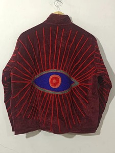 Hand Embroidered <b>Velvet</b> <b>Jacket</b> With Geometric Eye Pattern Mandarin Collar Full Sleeve Winter Coat - Product Image 6
