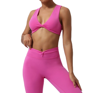 Women Solid Color Sports Bra High Waist Full Length Leggings 2 Piece Twist Design Deep Crisscross Straps Seamless Yoga Set Wear - Product Image 1