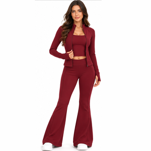 Conjunto Deportivo de Forro Polar para Mujer, Chaqueta con Cierre y Pantalones Acampanados con Ribete en Contraste, Cómodo, Informal, para Uso Diario, Invierno, Proveedor al por Mayor OEM ODM - Product Image 1