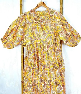 Pur coton longue robe indien bloc imprimé coloré été terreux élégant confortable vêtements de jour - Product Image 4