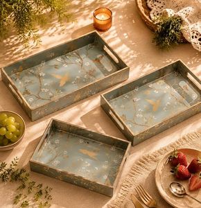 Plateau de service rectangulaire décoratif de luxe en bois poli plaqué or, motif floral et oiseaux, pour la décoration intérieure, les mariages et la vie quotidienne - Product Image 5