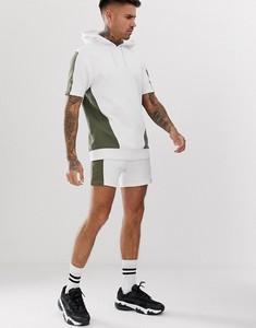 Men's White Green Color Blocking Hooded Short Sleeve <b>Tracksuit</b> Set Casual Summer Lightweight Polyester Shorts Regular Fit - Product Image 1