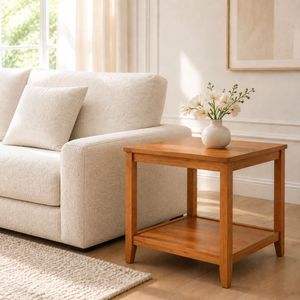 Square Coffee <b>Table</b> Solid Wood Couch <b>Side</b> <b>Table</b> with <b>Storage</b> Space, 2-Tier Wooden <b>Table</b> for Living Room, Rubber Wood <b>Side</b> <b>Table</b> - Product Image 2