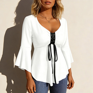 Vente flash sur le t-shirt décontracté pour femme Temu, col en V, manches évasées, laçage sur le devant, idéal pour les sorties décontractées et le quotidien. - Product Image 3