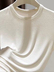 T-shirt court en maille unie crème pour femme, col rond, coupe ajustée, respirant, style minimaliste printemps-été - Product Image 4
