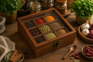 Boîte à épices en bois artisanale avec couvercle et cuillère, organisateur d'épices de cuisine à 9 compartiments, conteneur de rangement pour épices en bois - Product Image 2