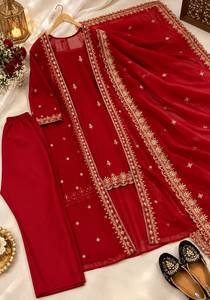 Designer Embroidery And Sequence Work Top With Faux Georgette <b>Shrug</b> And Bottom And Dupatta Fully Stitched Ready To Wear Set - Product Image 6