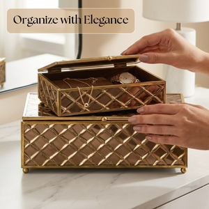Luxury <b>Brown</b> Glass Decorative <b>Storage</b> <b>Box</b> Set with Gold Geometric Metal Frame | Premium Jewelry Vanity Organizer Cases for Decor - Product Image 3
