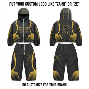 ZAINI Premium 300gsm Polyester Microfiber Hooded Windbreaker Suit Men's Winter Casual Black Gold Panel Custom Logo OEM ODM - Product Image 1