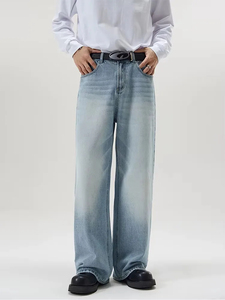 Men's Stonewashed <b>Denim</b> Wide Leg Pants Elastic Waist Casual Style Cotton <b>Material</b> Midweight Autumn Fashion - Product Image 5