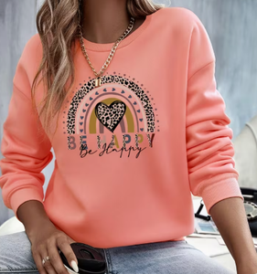 Sudadera Suave de Cuello Redondo Color Coral para Mujer, con Estampado de Corazón de Leopardo Arcoíris, Manga Larga, Informal, Tejida, para Otoño - Product Image 3