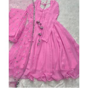 VESTIDO DE FIESTA GEORGETTE VESTIDO LISO FONDO CON BORDADO DUPATTA ROSA - Product Image 1