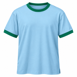 230 GSM 100% Cotton <b>Ringer</b> <b>T</b> <b>Shirt</b> Custom Unisex Sky Blue Green Contrast Crewneck Tee - Product Image 1