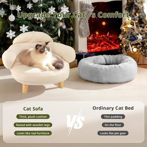 Lit pour animaux de compagnie de style canapé pour chat avec housse amovible en velours de coton, pieds en bois de pin massif, pour chats et petits chiens, blanc - Product Image 4