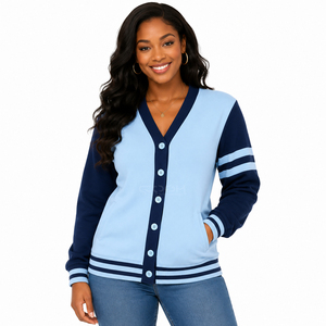 Cosh International Sisterhood Sorority Cárdigan de punto azul claro con cuello en V, mangas y rayas en contraste azul marino, manga larga - Product Image 1