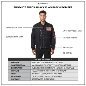 Chaqueta Bomber de Terciopelo para Hombre OEM, 300GSM, Negro Deslavado, Estilo Vintage, Acolchada, Ropa de Calle de Invierno, Parche de Bandera Americana - Product Image 5