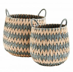 Panier à linge rond en jacinthe d'eau naturelle, fait main, avec design bicolore, pour le rangement en gros - Product Image 1