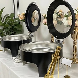 Modern Black Round Chafing Dish with Gold Finish <b>Buffet</b> <b>Server</b> and Food Warmer for Catering Events At Best Price - Product Image 4