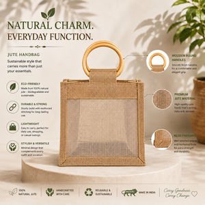Premium Natural Jute Tote <b>Bag</b> with Wooden Round Handles Transparent Panel Reusable Eco Friendly Shopping Gift ToteEveryday <b>Beach</b> - Product Image 5