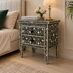 Bone Inlay Solid Wood Traditional Design Luxury Two-Drawer Nightstand with Floral Pattern for Bedroom - Product Image 2