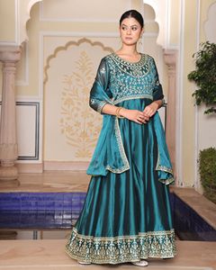 คอลเลคชั่นล่าสุด ชุดรามาอานาร์กาลีคุณภาพดีสำหรับผู้หญิง เหมาะสำหรับงานแต่งงาน งานดิวาลี งานปาร์ตี้ แขนเสื้อ 3/4 ผ้าไหมเครปลายรังโกลี - Product Image 4