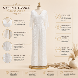 Mono de lentejuelas blancas de lujo con cuello en V y pierna ancha, elegante para fiestas, traje formal de noche, recepción de bodas, cóctel, para mujer - Product Image 5