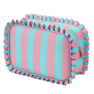 For Striped Ruffle Fashion Large Lightweight Zipper Cosmetic <b>Bag</b> Makeup Pouch Polyester for <b>Organizer</b> for <b>Travel</b> - Product Image 3