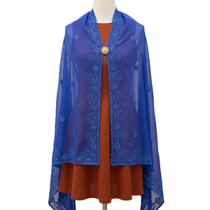 Chal Azul de Chifón Bordado con Ribete de Encaje, Bufanda Étnica para Mujer, Uso Diario, Elegante Hiyab - Product Image 3