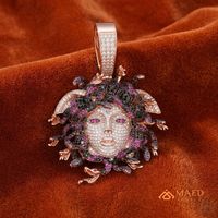 Moissanit Taşlı Medusa Başı Buzlu Hip Hop Unisex Kolye Ucu Gül Altın Kaplama Gümüş Lüks Moda Takı