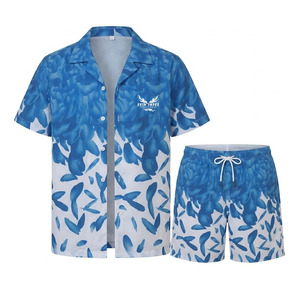Camisa de Manga Corta con Estampado Floral Azul y Blanco para Hombre, Cuello Clásico, Estilo Casual de Verano, 100% Algodón Tejido Transpirable - Product Image 1