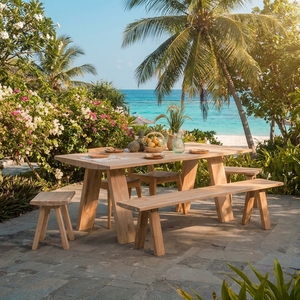 Table de jardin en teck massif, table de pique-nique en bois de qualité supérieure pour extérieur, meuble robuste pour patio, jardin ou cuisine, avec base en forme de A. - Product Image 5