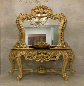 Royal <b>gold</b> hand carved wooden <b>console</b> <b>table</b> featuring an elaborate large arch mirror, available at wholesale prices. - Product Image 5
