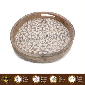 Excellent Quality White <b>Wash</b> Color Solid Mango Wood Handmade Round Food Serving Tray with Handles <b>Set</b> of 2 for Restaurants - Product Image 3