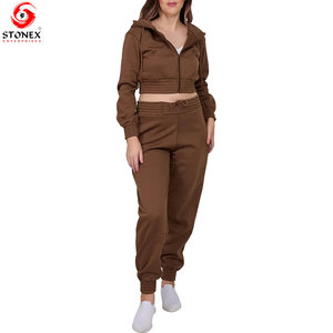 Women's Zip Up <b>Cropped</b> Hoodie and High Waist <b>Jogger</b> Pants Two Piece Lounge Wear Custom Logo Tracksuit OEM Services Wholesale - Product Image 4