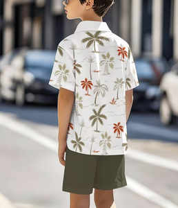 Boys Hawaiian Shirt Set Short Sleeve Button up Printed Top and Elastic Waist Shorts Summer Casual Outfit Polyester/Cotton - Product Image 3