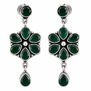 <b>Oxidized</b> Silver Onyx Flower Dangle Earrings Wholesale Bulk | Brass Boho Ethnic Earrings Manufacturer | Premium Fashion Jewelry - Product Image 1