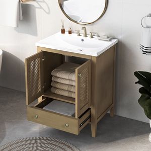 Mobile da Bagno con Struttura Solida da 24 Pollici, Lavabo in Ceramica e Armadietto in Rattan con Due Ante e Cassetto - Product Image 2