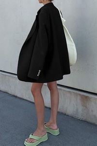 Blazer long noir pour femme, manches longues, col cranté, couleur unie, fermeture boutonnée, streetwear, vêtements d'extérieur décontractés - Product Image 2