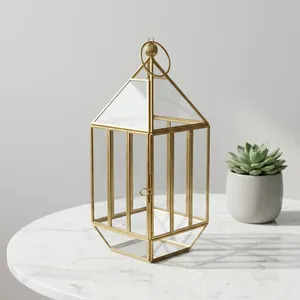 Artisan Design Square <b>Brass</b> <b>Lantern</b> with Glass Panels and Candle Holder for Home Decoration Handmade Unique Design - Product Image 5