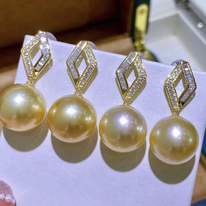 Boucles d'oreilles en perles d'or naturel 925, diamants, exquises et superbes, fermoir d'oreille, 12-11 mm, rondes, presque parfaites, pour le quotidien - Product Image 3